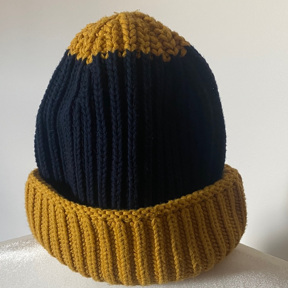 Zara Navy Mustard Yellow 100% Cotton Chunky Rib Knit Beanie Hat